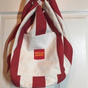 "WELLS FARGO" Drawstring Red & White Striped Bucket Travel Tote Bag 15"x16.5"